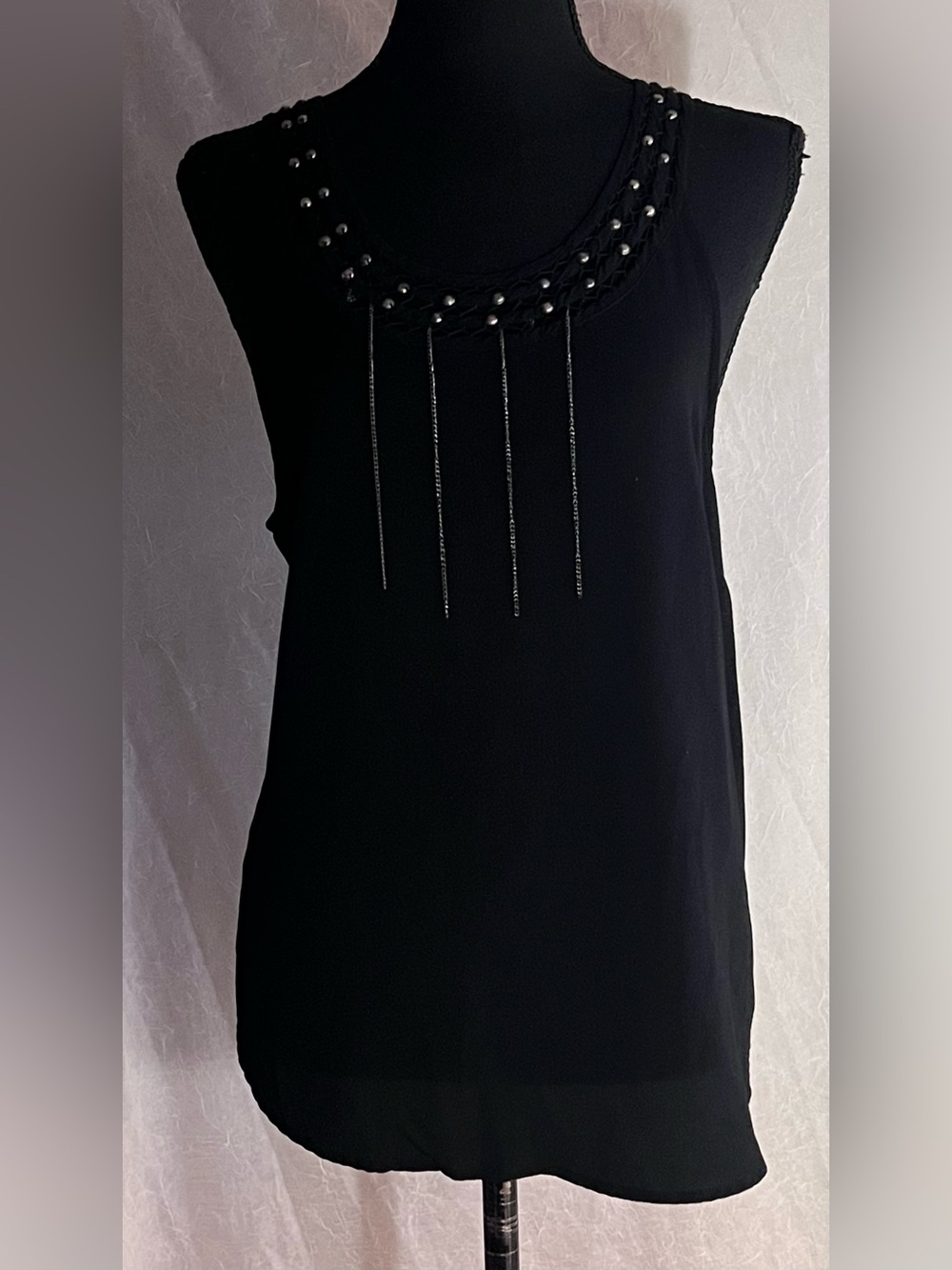 Astr Black Sleeveless Tank with Beaded Necklace Trim